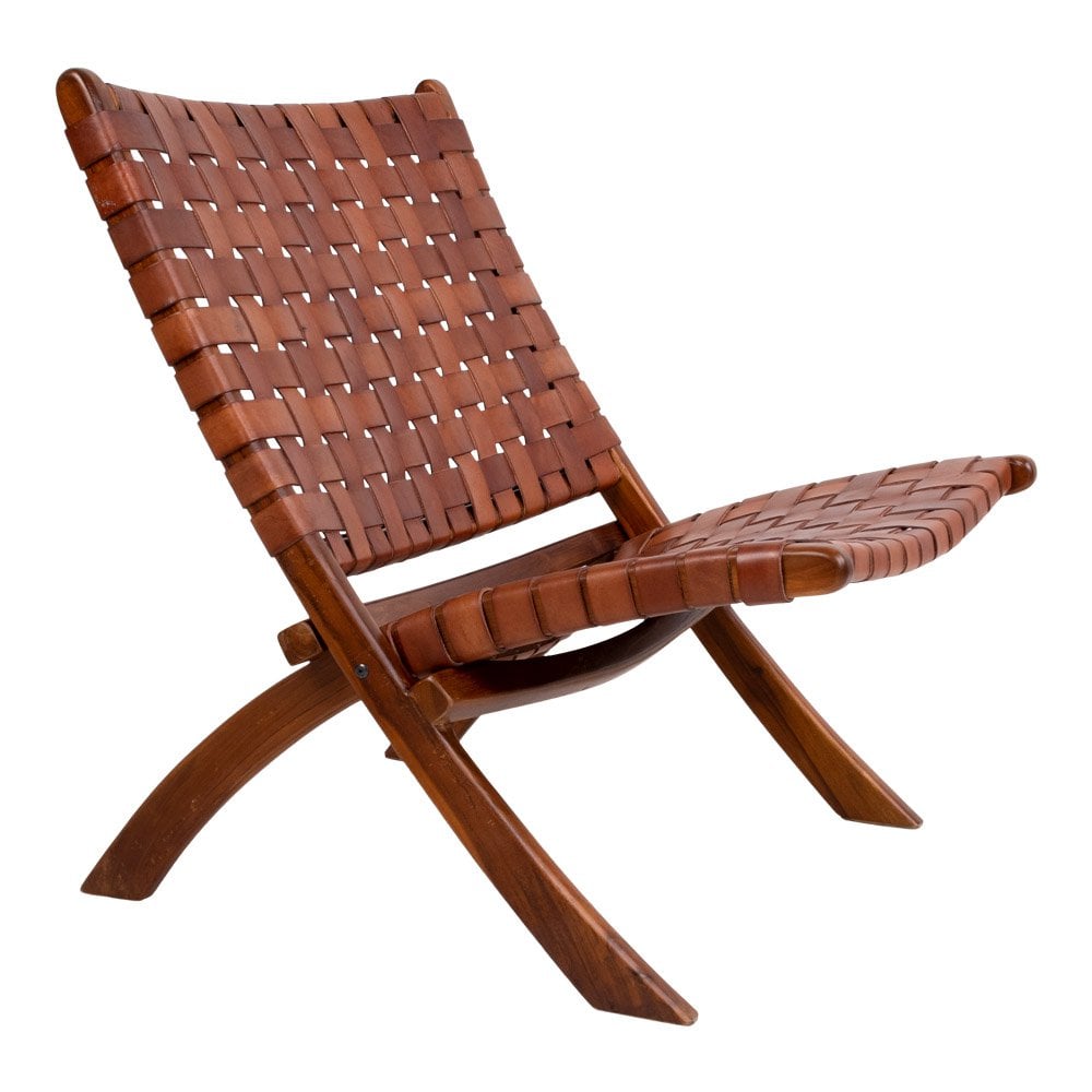 Perugia Klapstoel - Teakhout, Leer, Bruin - 66x74x73 cm