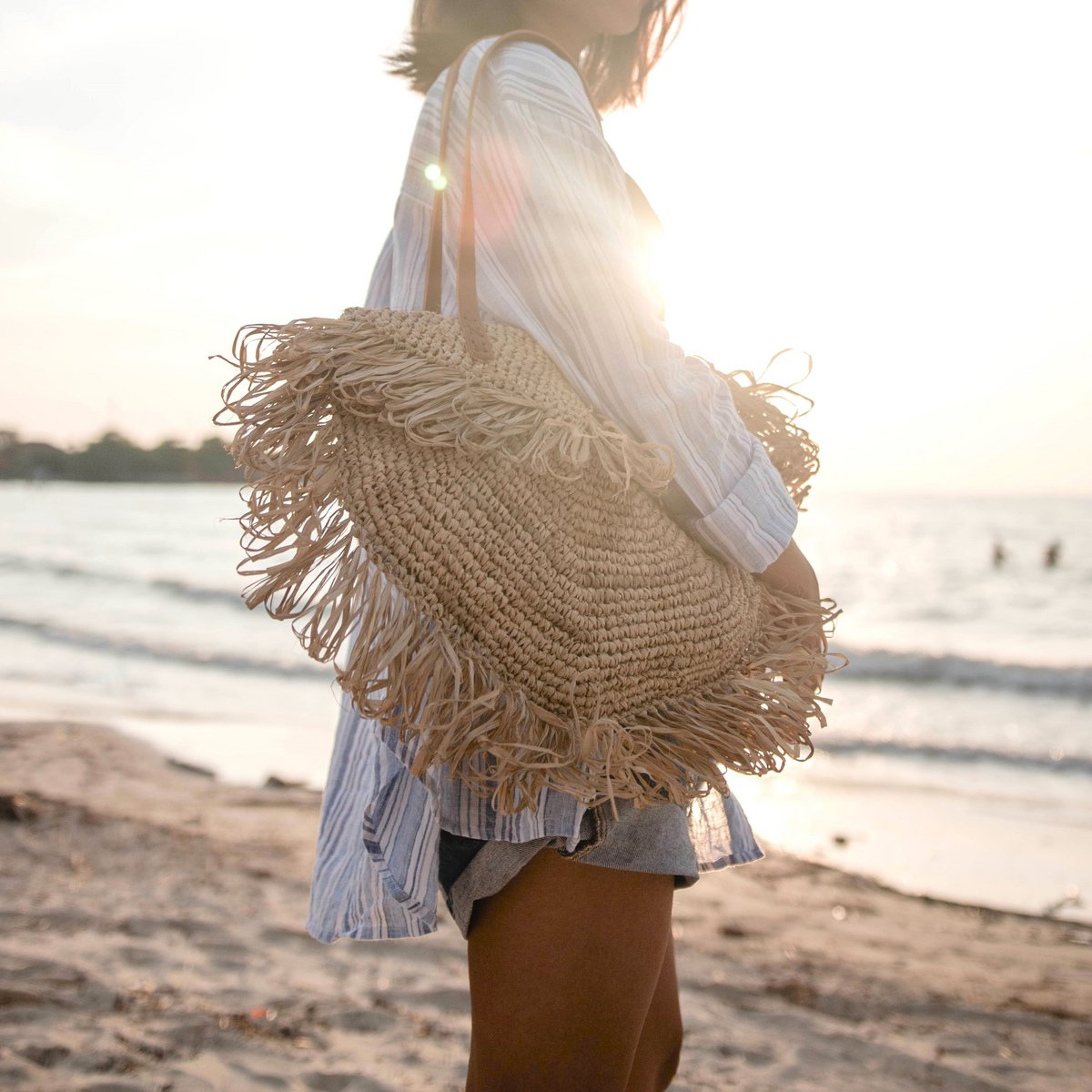 Beige schoudertas met franjes Strandtas Tote Boodschappentas SUMBAWA